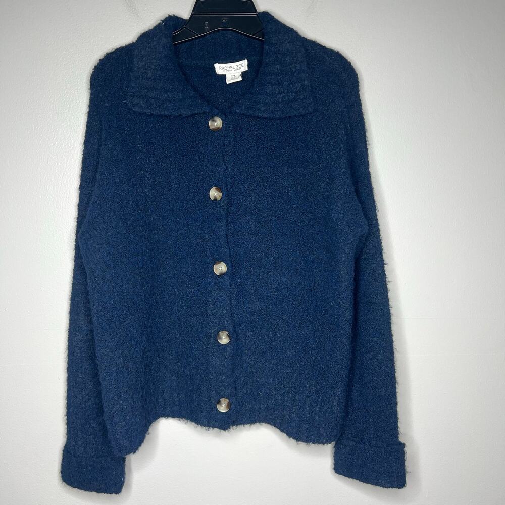 Rachel Zoe Boucle Knit Cardigan Button Front Collared Chunky Fuzzy Oversize Sz L